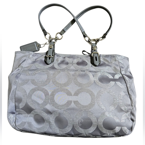 Coach Mia Op Art Gray Metallic Signature Tote With Dust Bag. New With Out Tags - Picture 2 of 15
